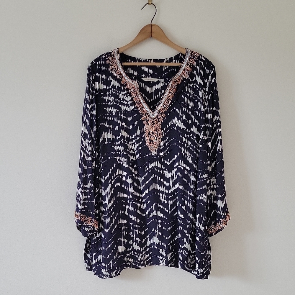 Soft Surroundings Kira Beaded Tunic Ikat Batik Dark Navy Size 1X
